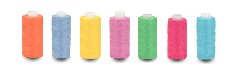 Spool thread collection. Rainbow colors thread isolated. Thread plastic spool. Collection of cutout threads. Vibrant vivid colors. Sew threads. Colorful hobby background. Tailor shop. Set of threads.