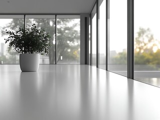 Obraz premium Modern minimalist room with large windows and potted plant.