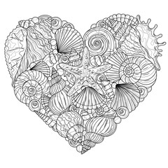 Sea shells in the shape of a heart.Coloring book antistress for children and adults.