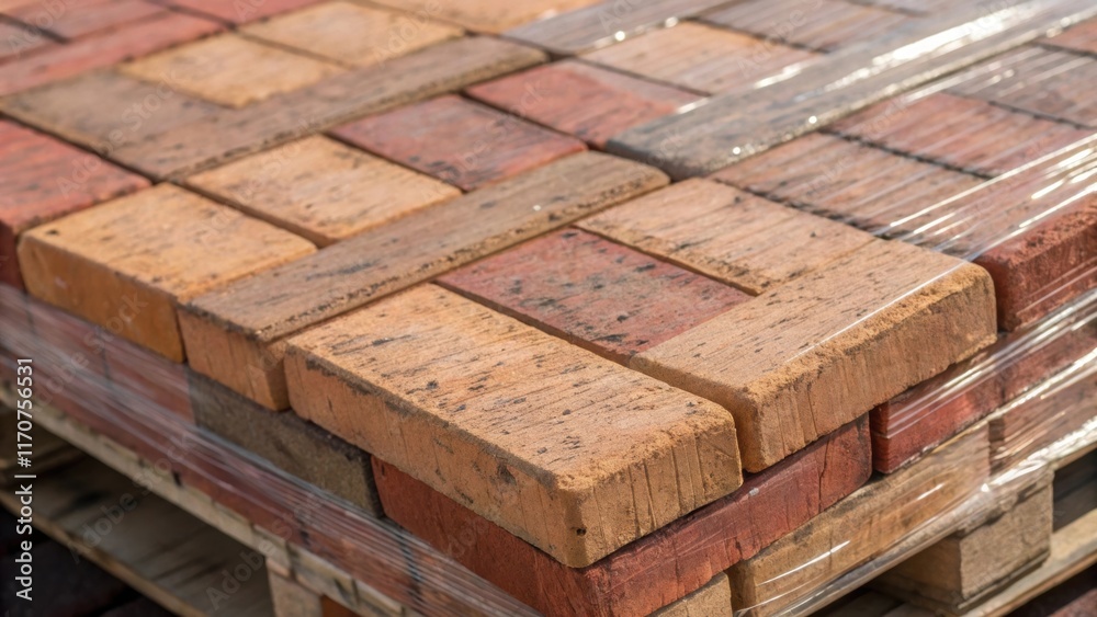 Aufkleber Close up view of the textured surface of a brick pallet highlighting the intricate variations in brick colors and the rugged imperfect edges. The shrinkwrap reflects subtle press
