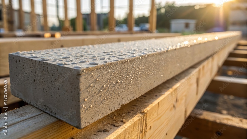 Aufkleber Closeup view of a single precast concrete beam resting on wooden supports displaying the intricate surface patterns left by the mold. Tiny moisture droplets glisten in the morning