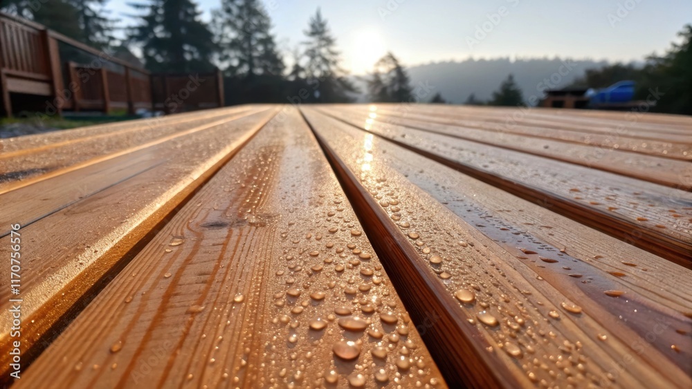 Poster Dew glistens on the fresh cedar surface in the early morning light illuminating the cured edges of the planks which have been precisely and prepared for assembly embodying the