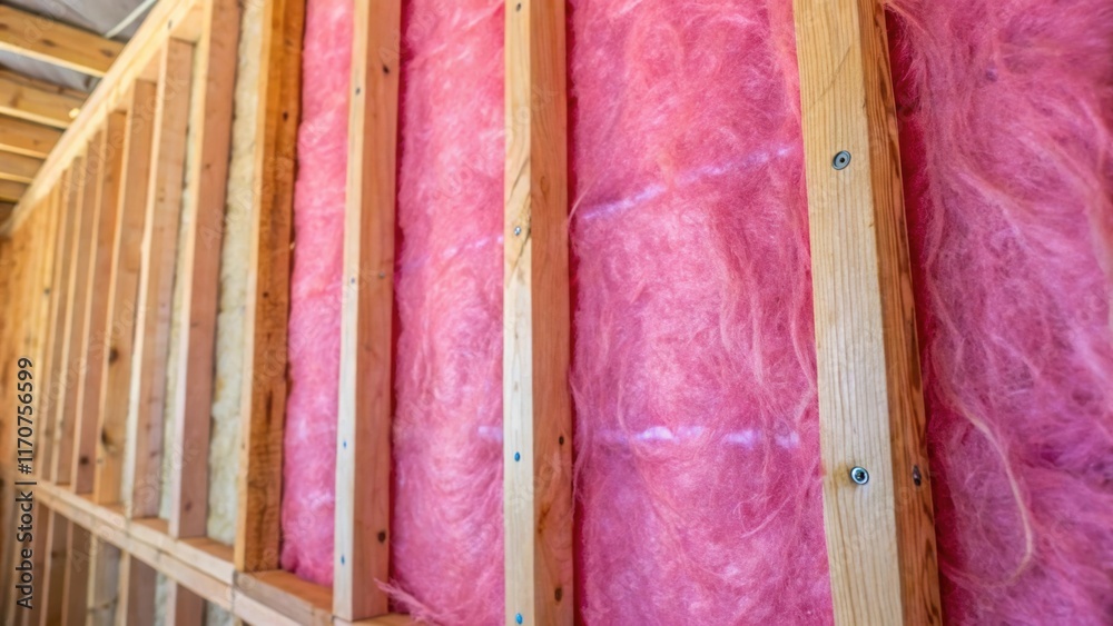 Poster detailed view of a section of a wall highlighting the vibrant color of the fiberglass batt insulatio