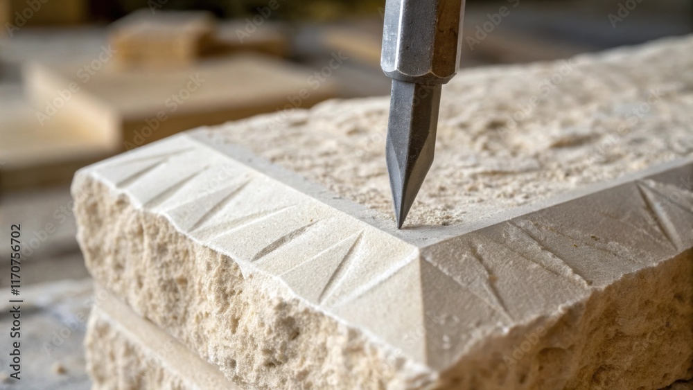 Poster Detailed view of the sharp edge of a stone masonry chisel embedded into a block of limestone with fine particles of stone cascading down capturing the essence of craftsmanship in