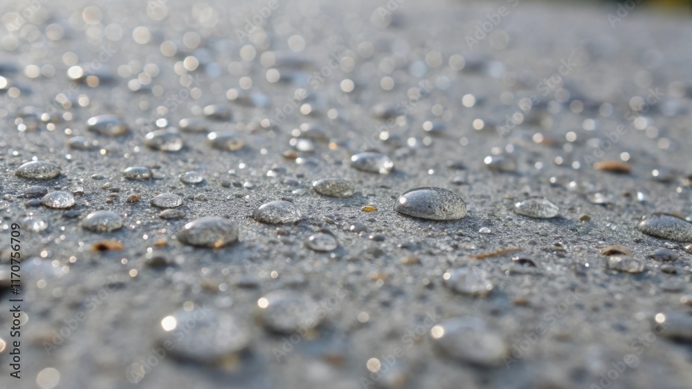 Poster Extreme closeup revealing the moisture still beading on the surface of the newly poured concrete with microtextures resembling a landscape of tiny crystals. The visual complexity