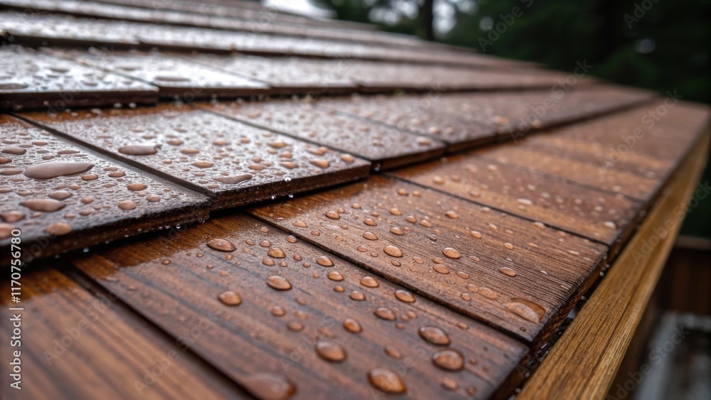 Poster focused on a single shingle this image captures the glistening drops of rain clinging to its surface