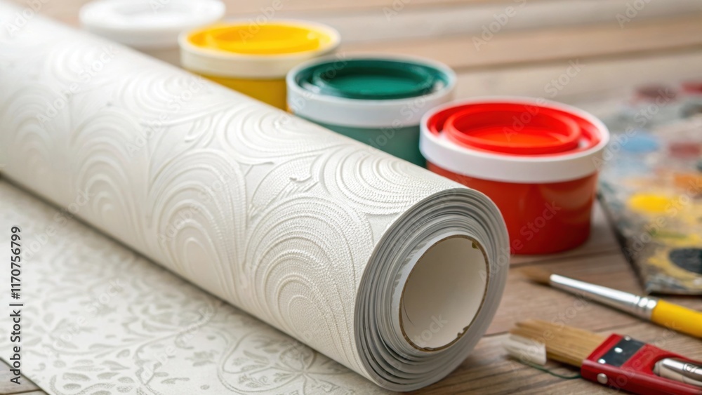 Poster Focused on the textures the image zooms in on a roll of textured wallpaper whose surface can almost be felt while colorful lids of adhesive tubs reflect the ambient light revealing
