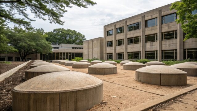 Each footing displays a unique character some rounded and others angular presenting a visual narrative of the buildings history. The juxtaposition of harsh concrete against the