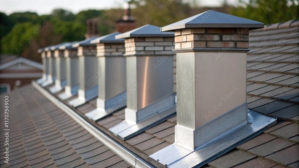 Poster Glimmering sections of chimney flashing lie neatly organized at the roofs edge with a focus on the precision of their s and bends. The image captures the interplay of light and