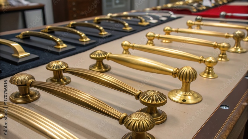 Poster Gleaming brass door handles each with a distinct shape and style are arranged meticulously on the table. The contrasting colors of the various metals create a striking visual