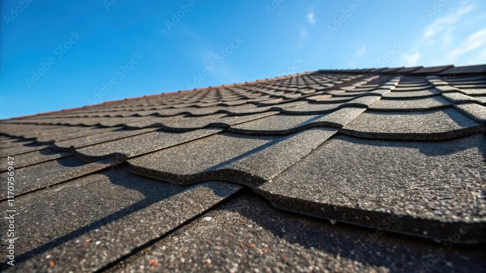 Poster From a low angle the camera focuses on the rows of overlapping shingles against a backdrop of a clear blue sky. The texture of the asphalt is detailed with hints of granules