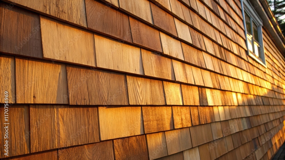 Aufkleber Highlighting the rich texture this image captures the intricate details of the cedar shingles subtle knots and varying shades of amber and brown. The golden hue of late afternoon