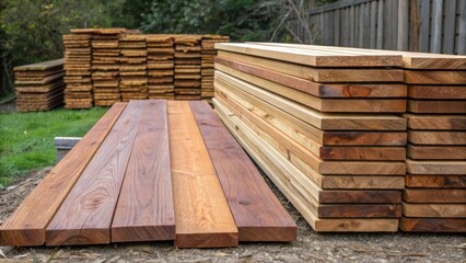 Frontal view of a group of stacked cedar planks with one plank slightly leaning highlighting the variations in color and texturesome pieces are more polished while others retain a