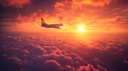 private luxury jet soared gracefully through vibrant morning sky with wide-angle view of sun-kissed clouds below, offering a panoramic view of world awakening to a new day sunrise