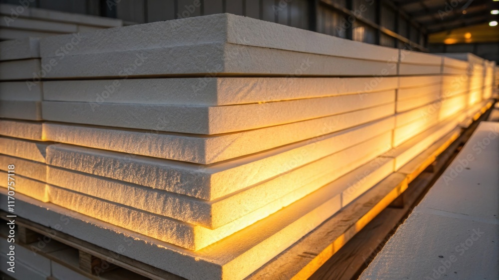Poster interior lighting a close shot capturing the rigid foam insulation panels illuminated by warm ambien