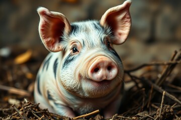 there is a small pig that is sitting in the dirt