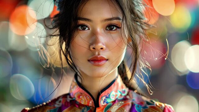 Portrait of a young vietnamese woman in traditional dress with vibrant bokeh background AI