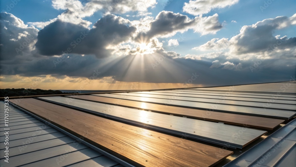 Poster Sunlight filters through tered clouds casting playful shadows on an organized selection of roof decking panels resting neatly against each other. The smooth polished surfaces