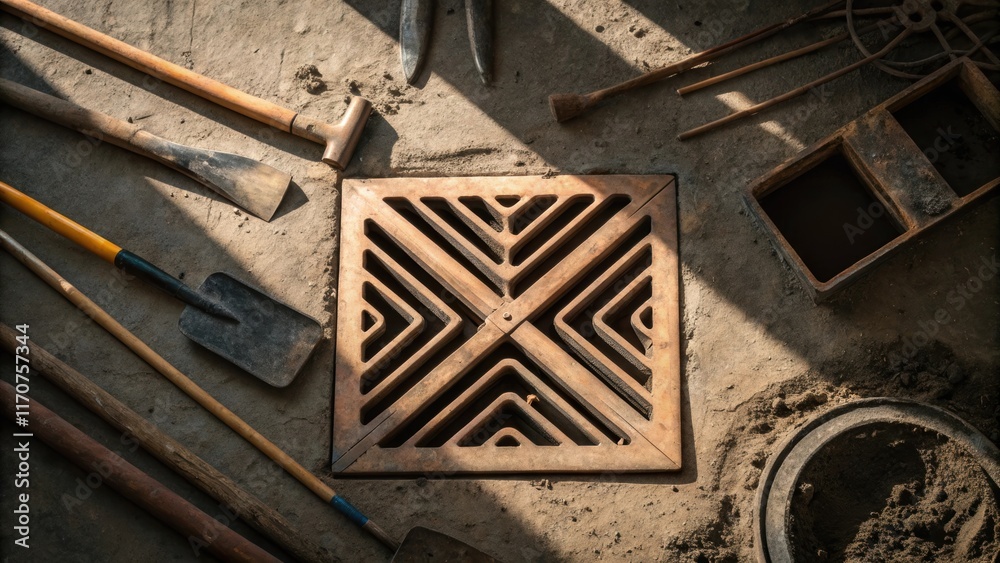 Aufkleber The angular lines of a drainage grate create an eyecatching focal point a an array of excavation tools tered in disarray. The interplay of light and shadow on the grates surface