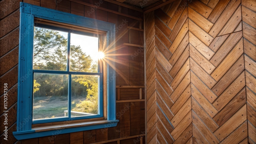 Poster Sunlight streams through a partially od window illuminating the newly installed wall sheathing. The rich brown tones of the wood contrast sharply with the cool blue of the frame
