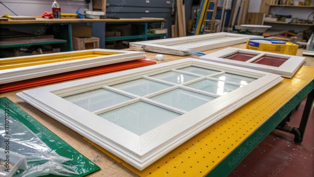 Aufkleber the camera captures a vibrant workbench strewn with various window components with a particular emph