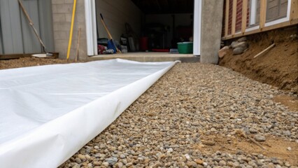 Obraz premium The bright white vapor barrier contrasts sharply against the earthtoned gravel of the crawl space entrance with a few tered tools and debris in the background that hint at ongoing