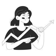 Woman character holding blue arrow pointing upwards, concept of growth or success. Vector flat illustration for web or app design in outline style