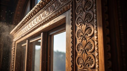 Obraz premium The camera captures a detailed shot of a set of ornate window casings showcasing the rich textures and patterns carved into the wood. Dust particles gently float in the air