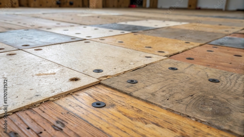 Aufkleber the closeup presents a dramatic viewpoint of the subfloor repair patches where the grain variations 