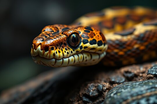 a close up of a snake with a yellow and black pattern on its head