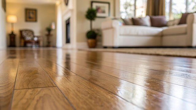 The closeup view emphasizes the subtle sheen of the engineered hardwood revealing a faint reflection of the surrounding decor. This shot captures the inviting atmosphere of the