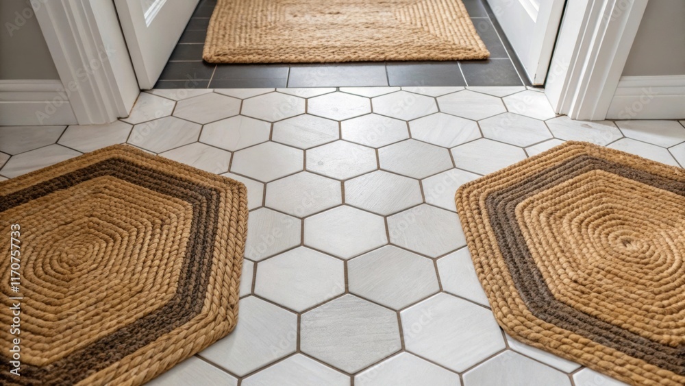 Poster The geometric effect of the hexagonal tiles is enhanced by strategically p woven rugs in complementary shapes adding texture and comfort to the foyer. The layered design invites