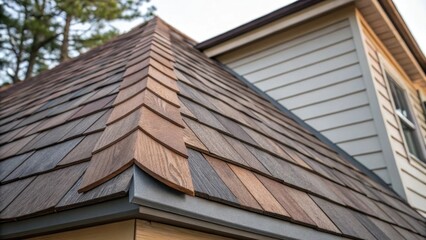 The focus is on the corner of the roof where the shingles are layered subtly transitioning in color from deep mahogany to muted gray. The irregularities in the wood highlight the