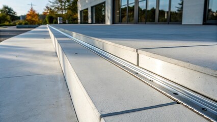 The image captures a pristine edge of a concrete foundation with gleaming metal expansion joint strips seamlessly integrated. Sunlight casts subtle shadows drawing attention to the