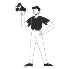 Man character standing with loudspeaker, signaling an announcement or call to action. Vector flat illustration for web or app design in outline style