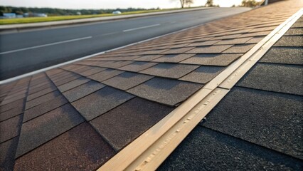 Fototapeta premium The image draws attention to the side profile of shingles being installed revealing the precise alignment where each piece meets. The contrast between the rich dark tones of the