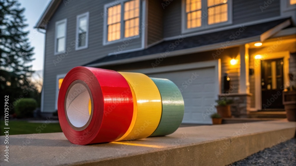 Poster The image focuses on the rich colors of the selfadhesive weather tape with vibrant hues contrasting against the muted tones of the house wrap. Light dances across the surfaces