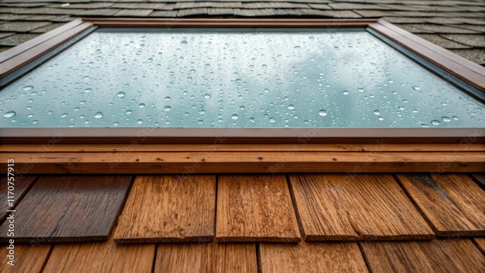 Poster the interplay of natural elements is evident as water droplets bead on the surface of a skylight pan