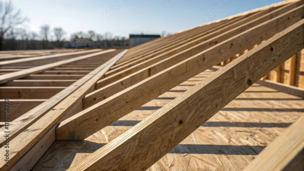 Aufkleber The interplay of light and shadow on a series of sheathing boards arranged horizontally and vertically creating a geometric pattern against a blurred backdrop of the ongoing