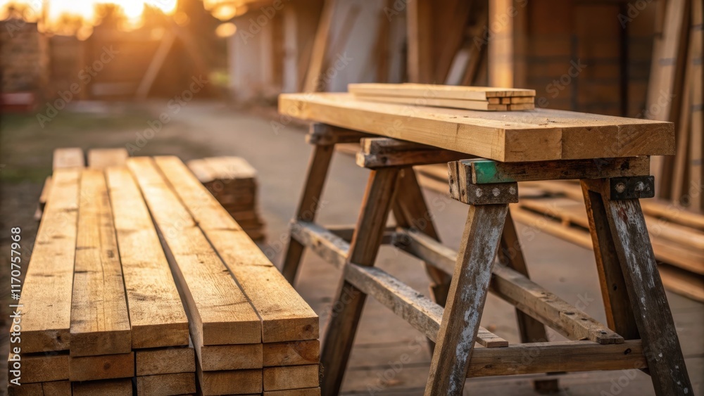 Poster the juxtaposition of fresh timber planks and aged worn sawhorses creates an alluring contrast with s