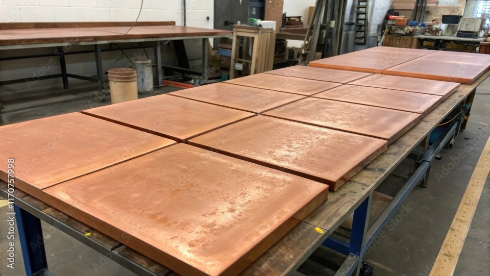 Poster The rugged texture of the workshop tables surface provides a stunning backdrop to the smooth polished copper roofing panels. Subtle variations in color and surface detail across