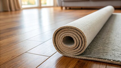 The image highlights a section of the rolled carpet padding laid out on a smooth wooden floor. The contrasting surfaces of the soft padding and the polished planks create a warm