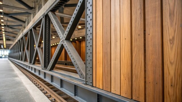 The sharp edges of a steel girder peeking out from behind wooden panels signifying the fusion of raw industrial elements with softer natural materials. This juxtaposition