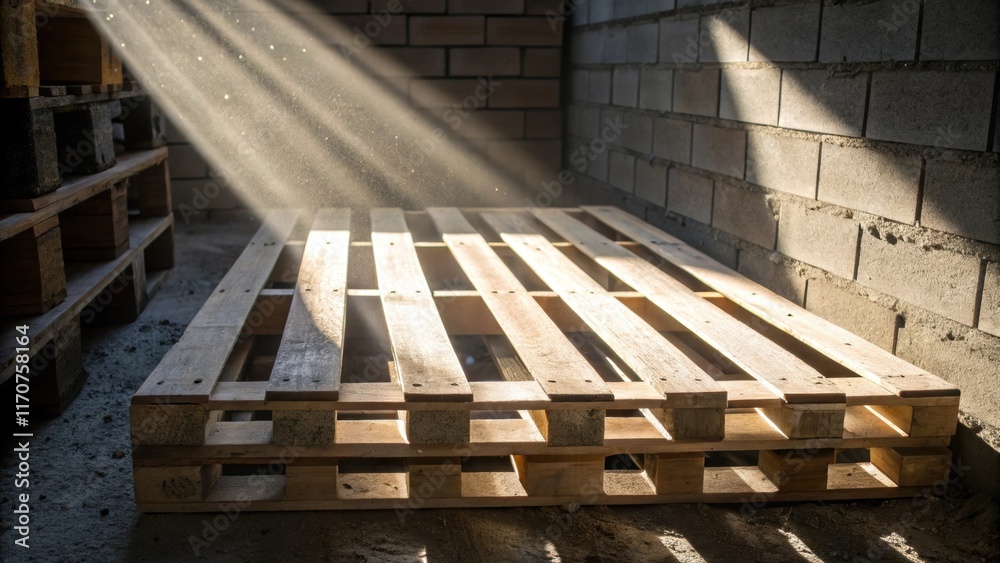 Aufkleber The sunlight filters through the slats of a wooden pallet casting delicate lines of light and shadow onto the cinder blocks below. Tiny particles of dust float in the beam lending