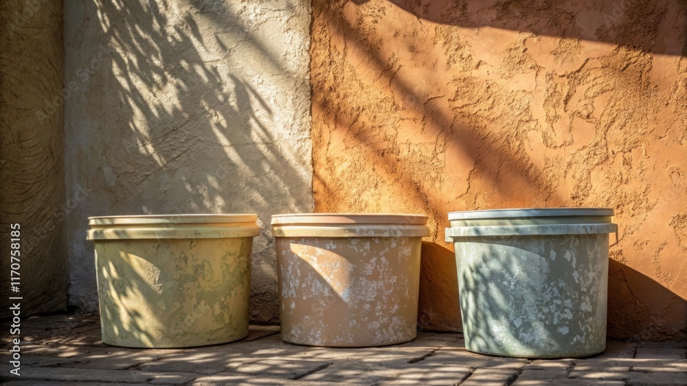 Poster This image captures the interplay of light and shadow on the textured stucco mix tubs their surfaces reflecting subtle variations in color. A wall behind them stands ready for