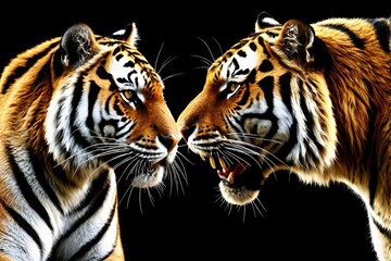 there are two tigers facing each other with their mouths open