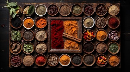 Wooden table with assorted spices and herbs in small bowls, featuring vibrant colors.Flavors of the world. Culinary diversity. Spice and aroma.food styling, recipe preparation, culinary art, gourmet s