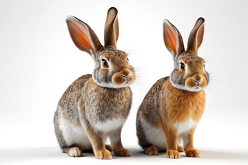 Fototapeta premium two rabbits are sitting side by side on a white surface