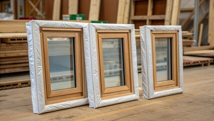 The textures and dimensions of several compact window frames are showcased their surfaces gently wrapped to prevent damage with the wooden grain whispering promises of warmth set