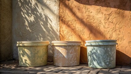 Fototapeta premium This image captures the interplay of light and shadow on the textured stucco mix tubs their surfaces reflecting subtle variations in color. A wall behind them stands ready for